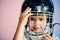 Sport childhood. Future sport star. Sport upbringing and career. Boy cute child wear hockey helmet close up. Safety and