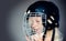 Sport childhood. Future sport star. Sport upbringing and career. Girl cute child wear hockey helmet close up. Safety and