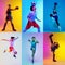 Sport collage of little professional athletes or players on multicolored background in neon