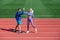 sport couple celebrate team win. fitness partners. athletic man and sexy woman compete in armwrestling. male and female