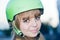 Sport (Cyclist, snowboarder) young beautiful women teenager in green helmet