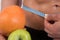 Sport and diet. Attractive man with muscular body. Athletic guy and fruits