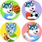 Sport emblems for basketball, soccer, American football and baseball with a husky dog in the t-shirt as a sportsman