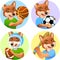 Sport emblems for basketball, soccer, American football and baseball with a wild wolf or coyote in the t-shirt as a sportsman