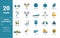 Sport Equipment icon set. Include creative elements dumbbells, soccer ball, baseball, hockey, exercise bike icons. Can be used for
