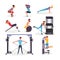 Sport exercises flat vector illustrations set. Cheerful young sportsmen and sportswomen working out cartoon characters