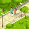 Sport family running in park vector isometric 3d illustration. Healthy lifestyle concept