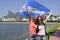 Sport fans holding the Argentinian flag in Rio de Janeiro with Christ the Redeemer in the background