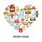 Sport and fintess healthy food nutrition vector heart poster of dietary icons