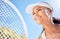 Sport, fitness and portrait of tennis woman with racket, smile or motivation with training, exercise or health workout