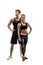 Sport, fitness, workout concept. Fit couple, strong muscular man and slim woman posing on a white background