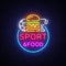 Sport Food Neon Sign Vector. Sports food logo in neon style, light signboard, bright billboard, night neon advertising