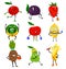 Sport fruits characters. Funny fruit foods on sport exercises, fitness vitaminic human healthy nutrition vector