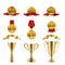 Sport or game trophy set. Gold reward badges and award cups for achievement of best success winner vector image