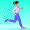 Sport girl jogging pop art retro vector illustration. Comic book style imitation. In sports clothes with headphones and