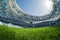 Sport grass field stadium on a sunny day blue sky.