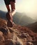 Sport Hiker hiking and trekking on a mountain dirt.