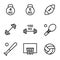 Sport icon set outline style including bodybuilding, fitness, gym, kettlebellfootball, game, rugby, sport, barbell, racket, tennis
