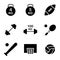 Sport icon set solid style including bodybuilding, fitness, gym, kettlebellfootball, game, rugby, sport, barbell, racket, tennis,
