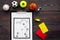 Sport judging concept. Sport game referee. Tactic plan for game, balls, red and yellow cards, whistle on wooden