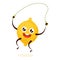 Sport lemon training with jump rope. Vegetable with face,