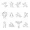 Sport linear icons set, vector silhouette, flat fitness logo, stencil emblem, line shape athlete person. Outline black badges team