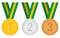 Sport medals: gold, silver, bronze on a yellow-green ribbon.