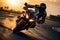 Sport motorcycles racing on a track, rider speeding at sunset