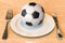 Sport nourishment, concept. Dinner plate with soccer ball, 3D rendering