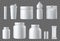 Sport nutrition containers. Realistic blank white plastic packaging mockups collection. Superfood, whey protein powder