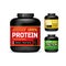 Sport Nutrition Containers. Weight gainers set. Black cans collection with Protein.