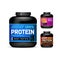 Sport Nutrition Containers. Weight gainers set. Black cans collection with Protein.