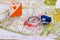 Sport orienteering. Symbols of the sport topographic map, professional compass and prism with symbol I love