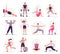 Sport people. Young athletic woman fitness activities, sports man and gym exercises vector illustration set