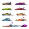 Sport Racing Cars Collection, Side View, Fast Motor Racing Modern and Retro Vehicles Vector Illustration