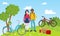 Sport recreation people couple ride bicycles and outdoor picnic vector illustration. Mixed race sportsmen couple