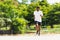 Sport runner black man wear feet shoe active running training
