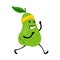 Sport running pear character. Funny fruit food on sport exercises, fitness vitaminic human healthy nutrition vector