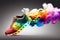 sport shoe, with smoke in rainbow of colors, floating towards sky