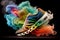 sport shoe, with smoke in rainbow of colors, floating towards sky
