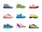 Sport sneakers. Fashioned shoes footwear for active healthy lifestyle garish vector casual sneakers flat illustrations