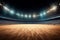 Sport stadium with grandstands full of fans, shining night lights and wooden deck. Digital 3D illustration of sport stadium for