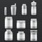 Sport supplement plastic jar containers for drinks and powder. Vector templates isolated
