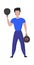 Sport training. Cartoon male doing exercises. Athlete lifts weights. Isolated sportsman holding dumbbells. Powerlifting