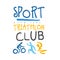 Sport triathlon club logo. Colorful hand drawn illustration
