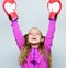 Sport upbringing. Skill of successful leader. Sport upbringing for leader. Girl cute child with red gloves posing on