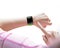 Sport woman finger pointing smartwatch blank black glass bent to