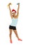 Sport woman in santa Christmas hat holding weight dumbbells and measure tape