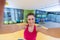 Sport woman smile at camera self picture at gym, young girl picture herself exercising fitness center