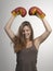 sport young woman boxing gloves, face of fitness girl studio shot